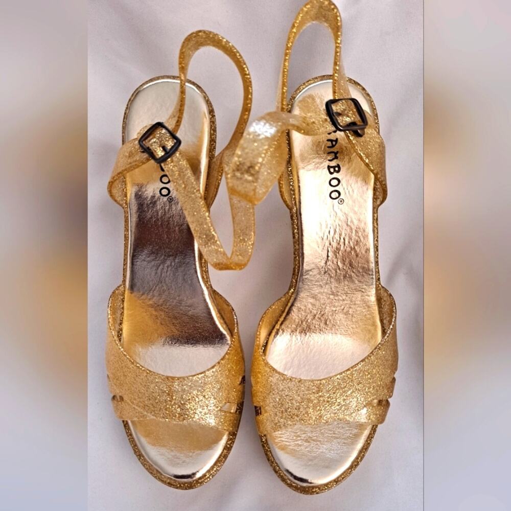 Sz 8 Gold Glitter Jelly Block High Heel Sandals Shoes NEW Platform Meta…